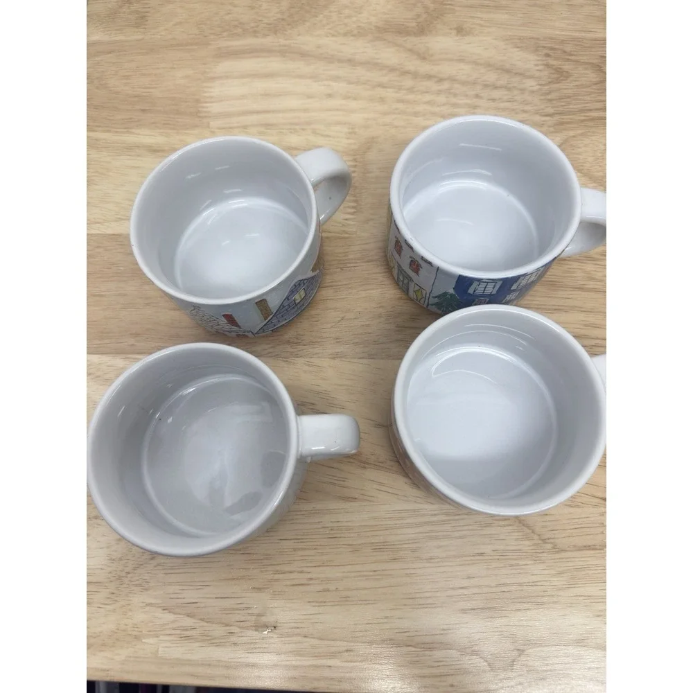 Set of‎ 4 PIER 1 Christmas Stackable Stoneware Mugs Village scene Vintage #25